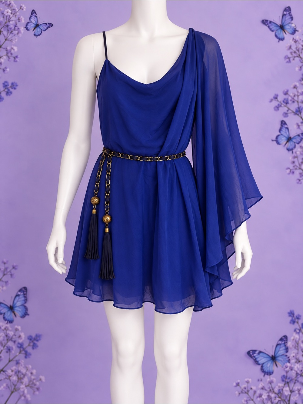 Royal Blue One-Shoulder Chiffon Mini Dress(string is just to hold dress to show)